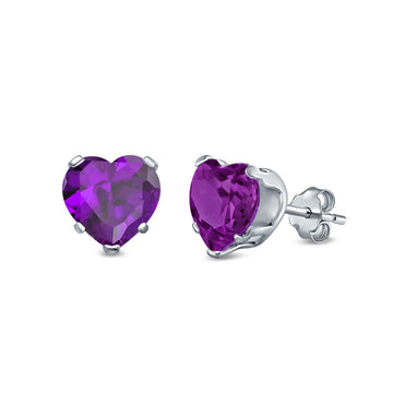 Heart Stud Earrings Simulated Amethyst CZ 925 Sterling Silver (4mm-8mm)